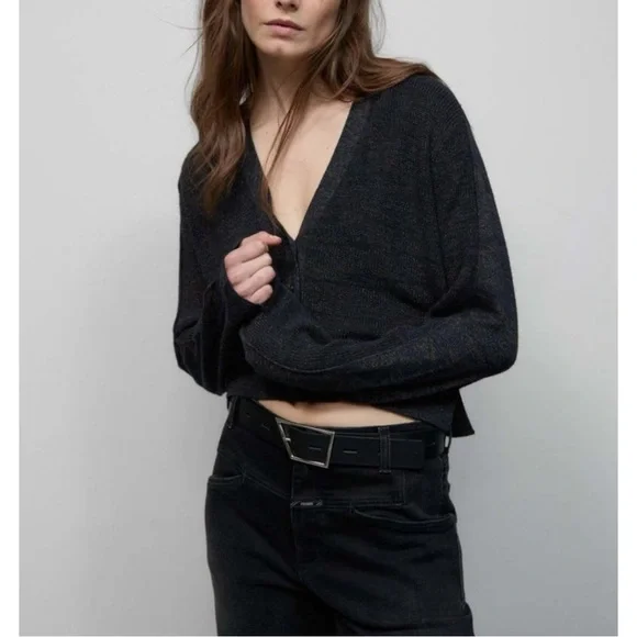 CLOSED Smokey Blue Cropped Cardigan - Dark Blue Wool Blend Knit Cardigan Sweater - Picture 5 of 11